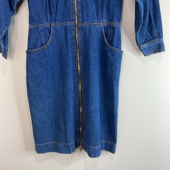 Vintage 80’s Impromptu Denim Zip-Up Dress Blue Dark Wash Padded Shoulders M - Picture 4 of 12
